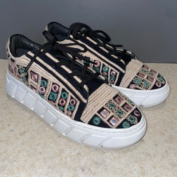 Free People Catch Me if You Can Crochet Sneakers Tan Black Mirror Combo Boho